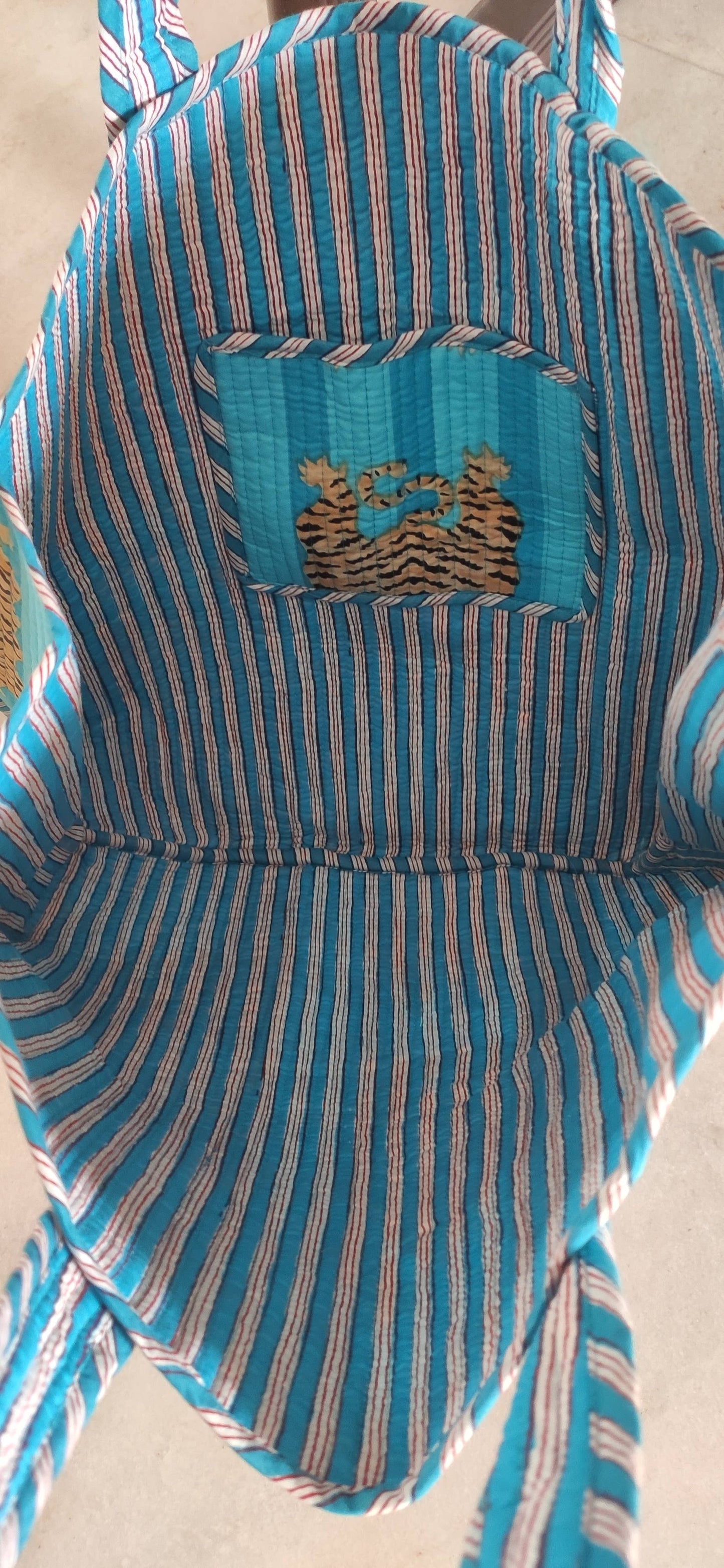 Tiger Cotton Quilted Tote Bag - Turquoise