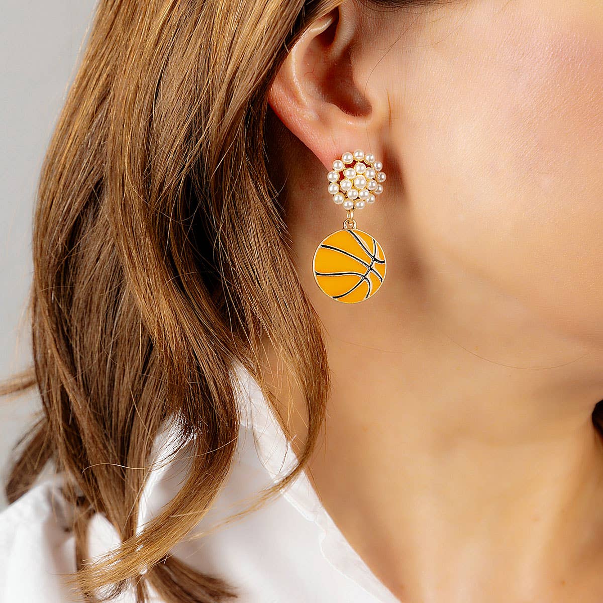 Basketball Pearl Cluster Enamel Drop Earrings