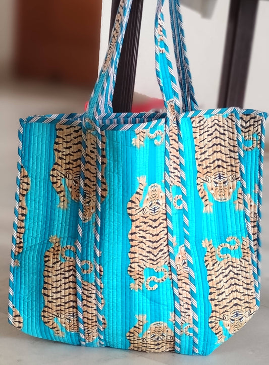 Tiger Cotton Quilted Tote Bag - Turquoise