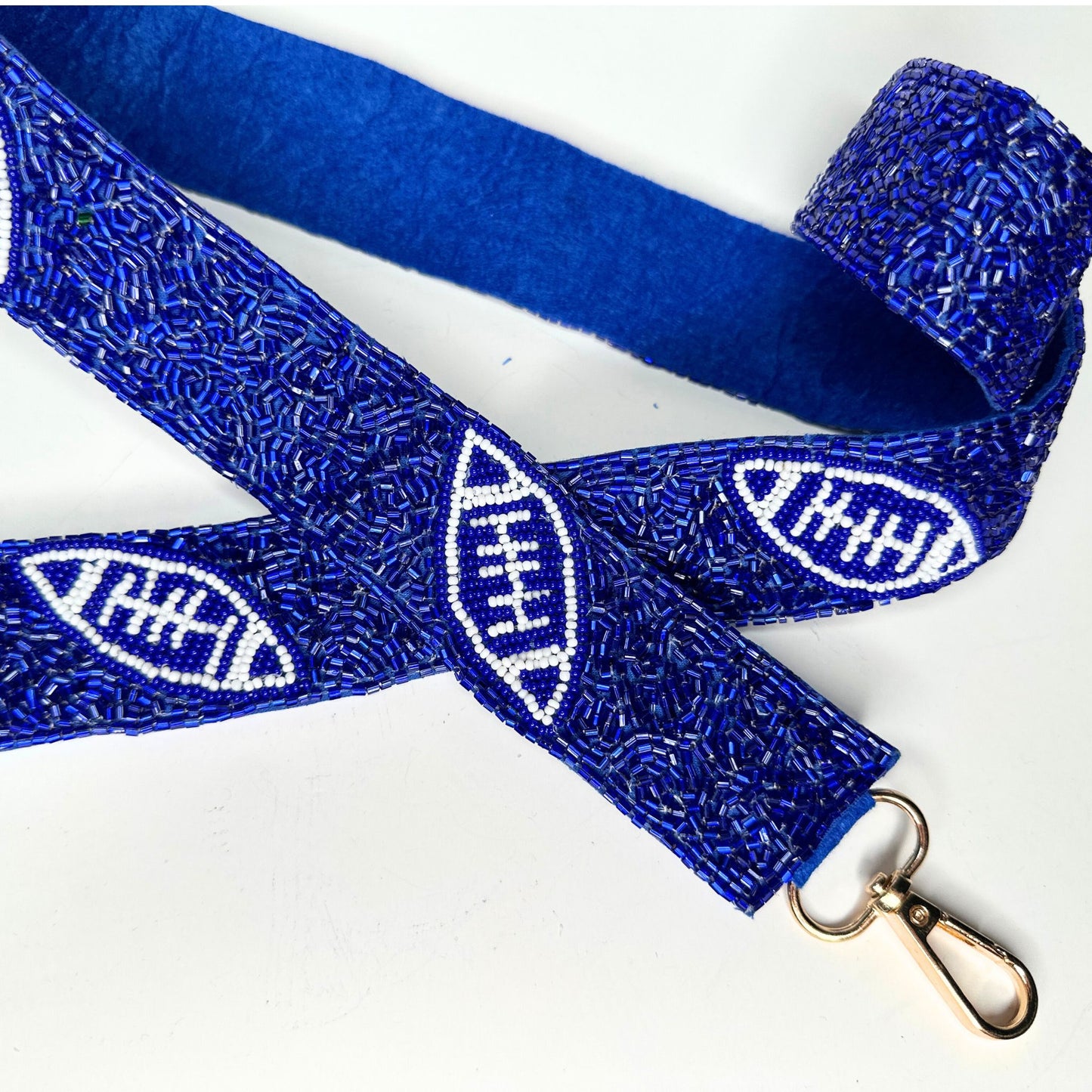 Blue & White Beaded Football Bag Strap