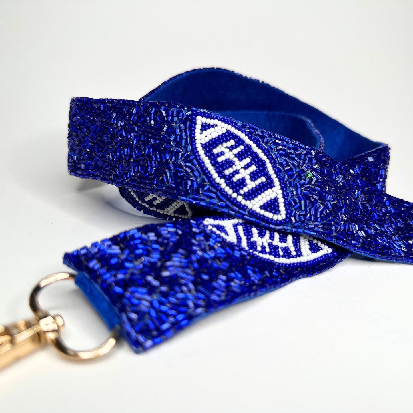 Blue & White Beaded Football Bag Strap