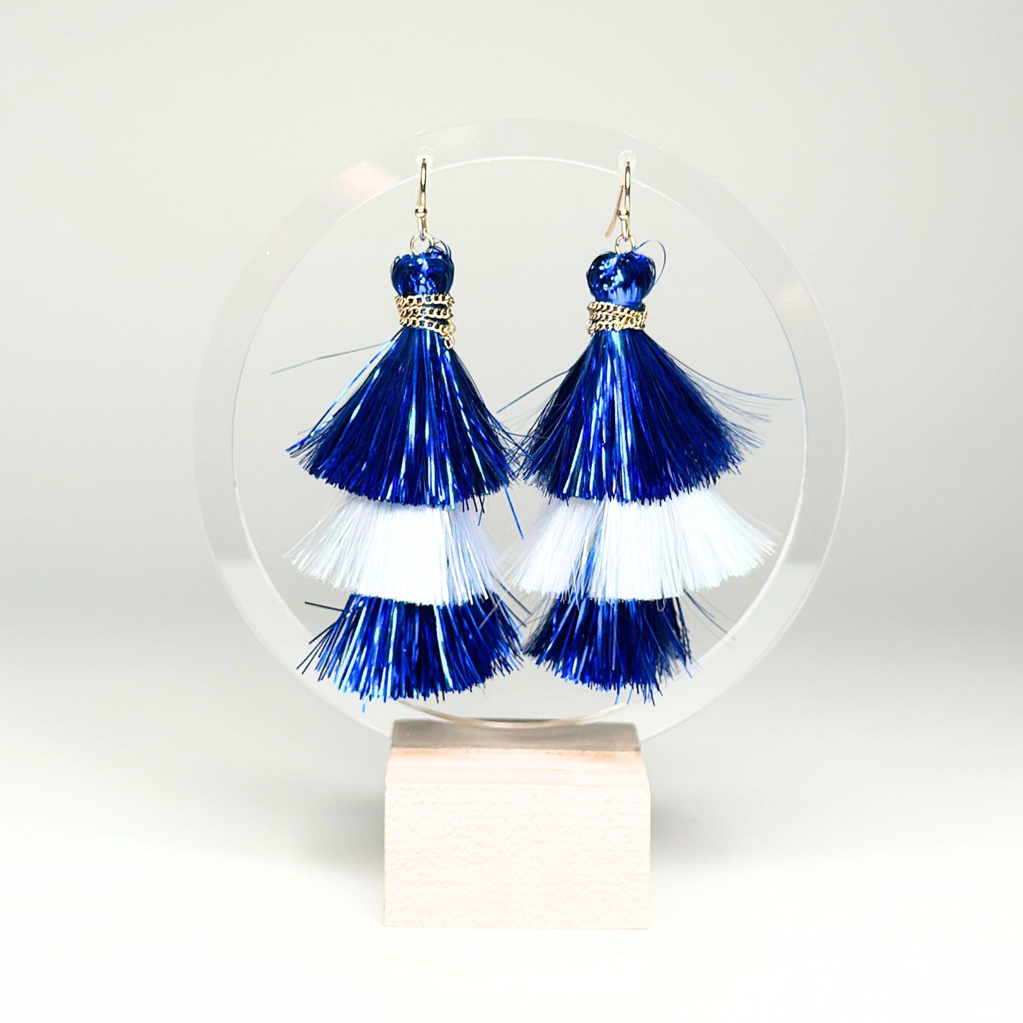 Blue & White Tinsel Tassel Earrings