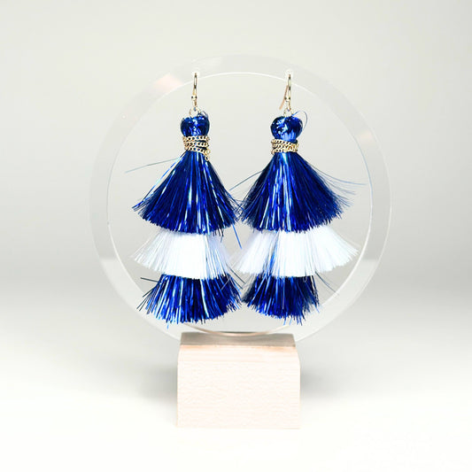 Blue & White Tinsel Tassel Earrings