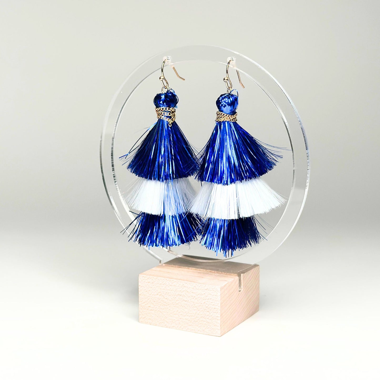 Blue & White Tinsel Tassel Earrings