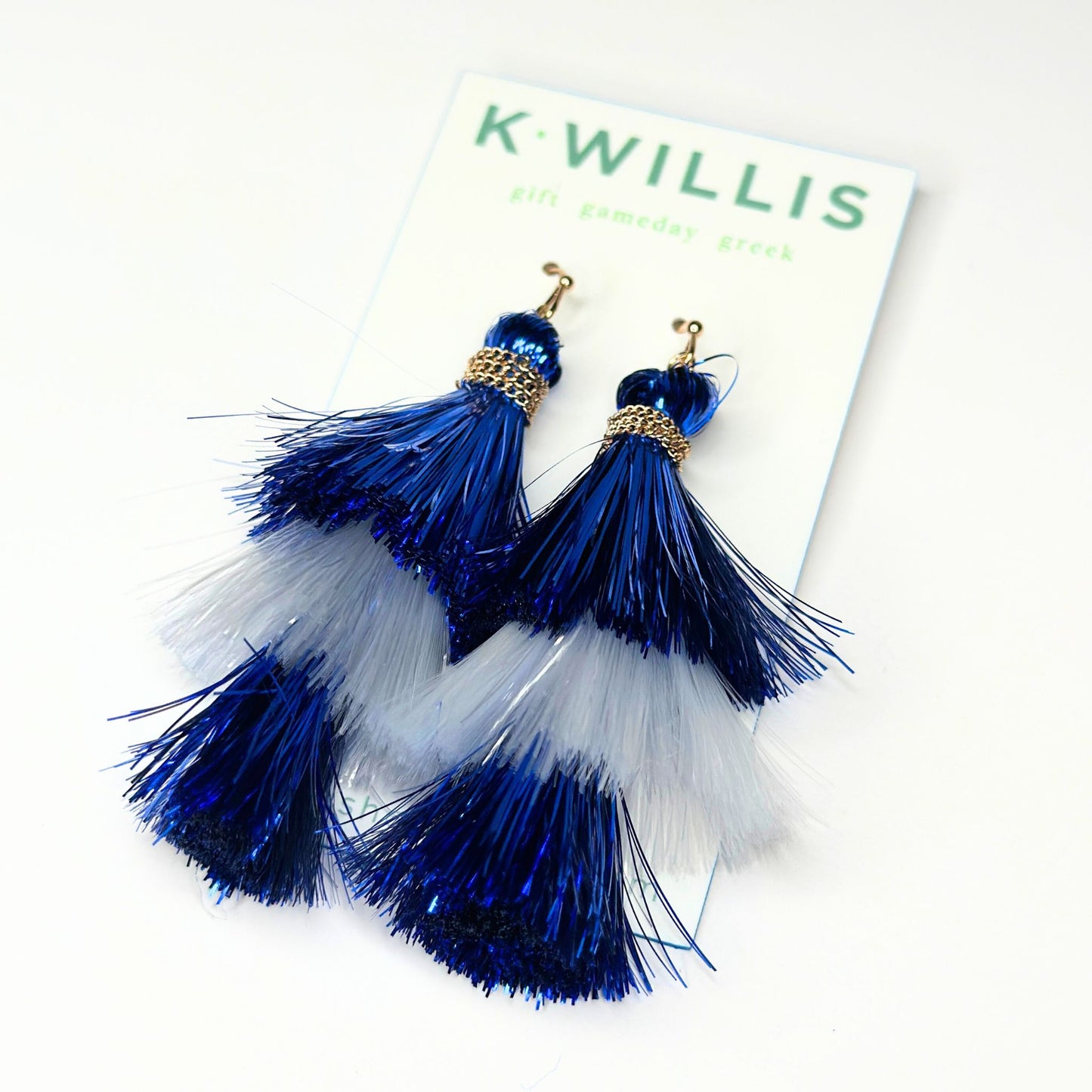 Blue & White Tinsel Tassel Earrings