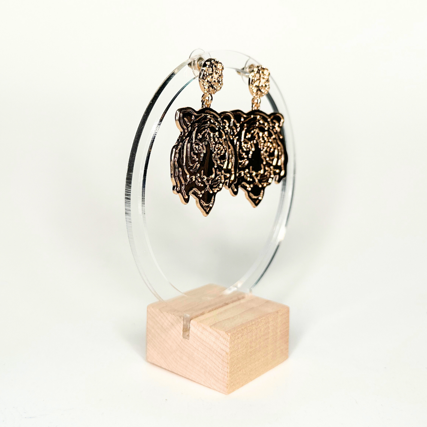 Gold Textured Tiger Face Earrings