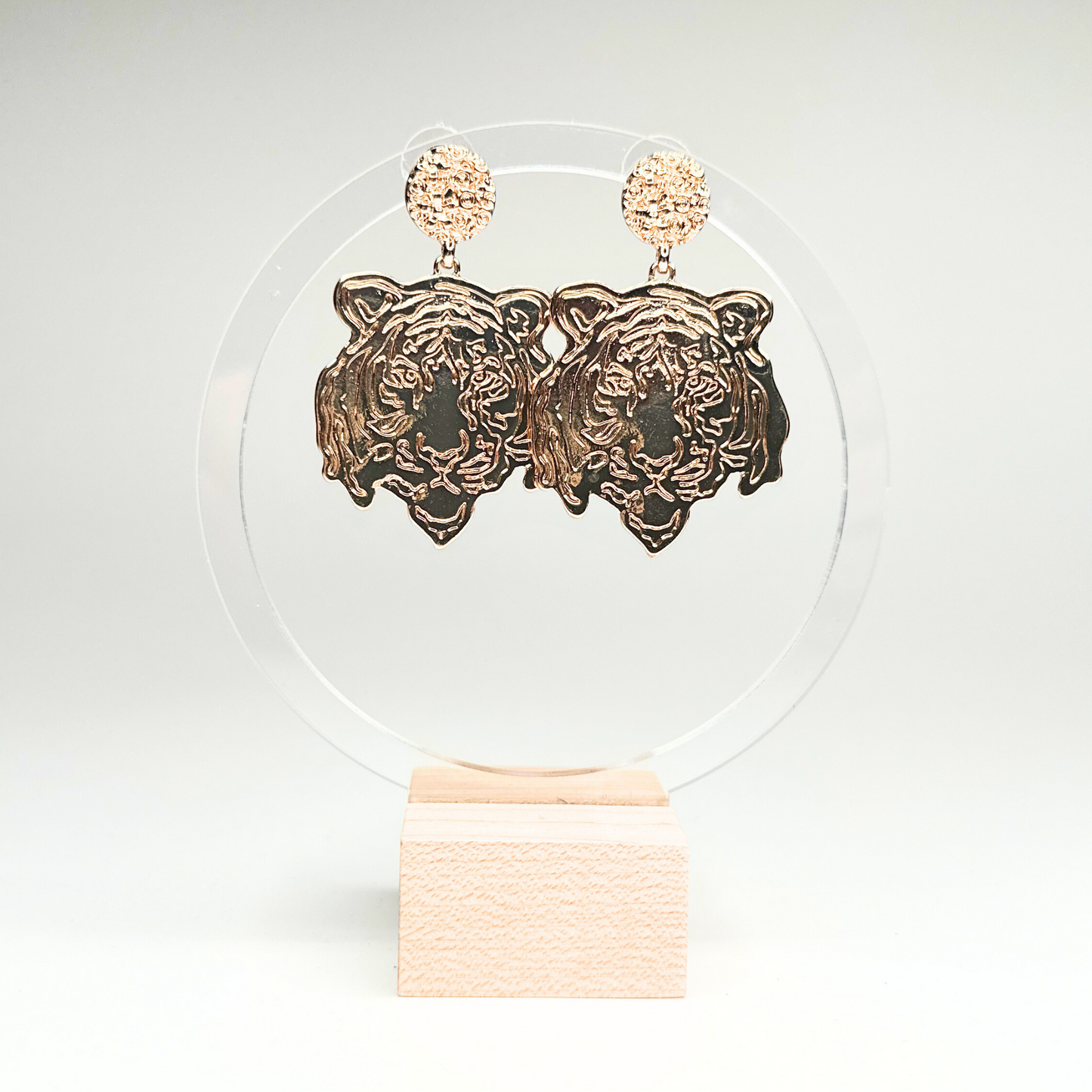 Gold Textured Tiger Face Earrings