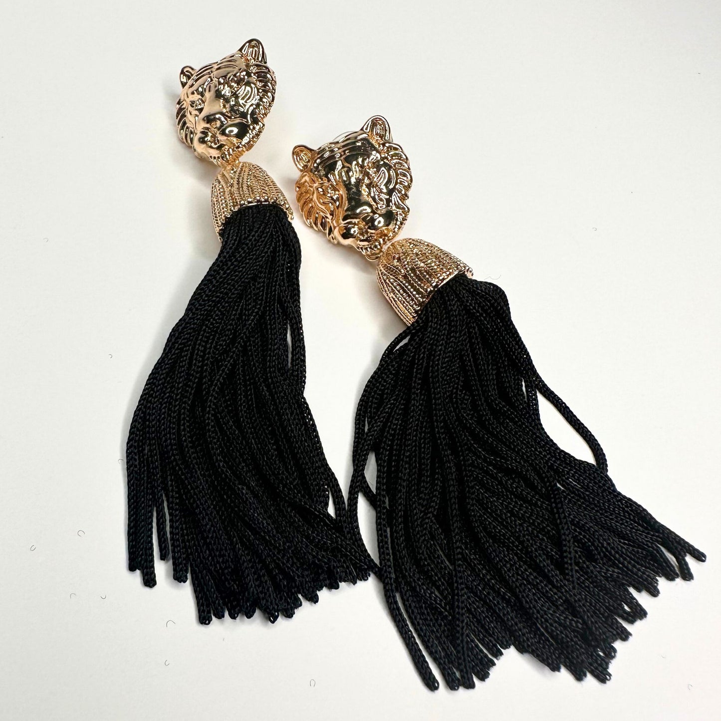 Tiger Face Tassel Earrings - Black