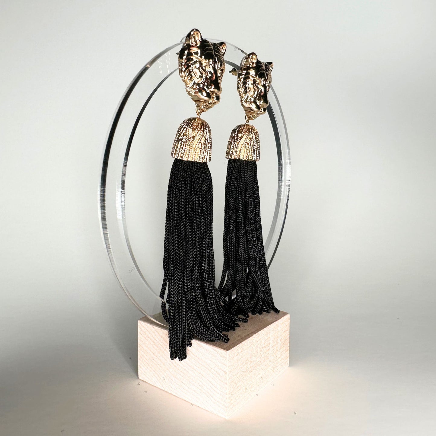 Tiger Face Tassel Earrings - Black