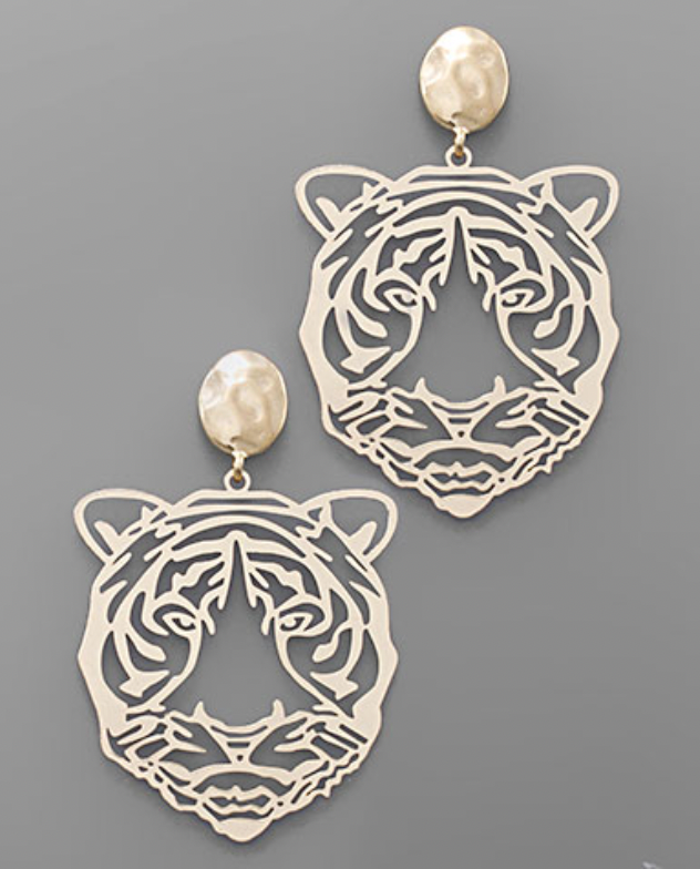 Tiger Face Filigree Earrings - Gold