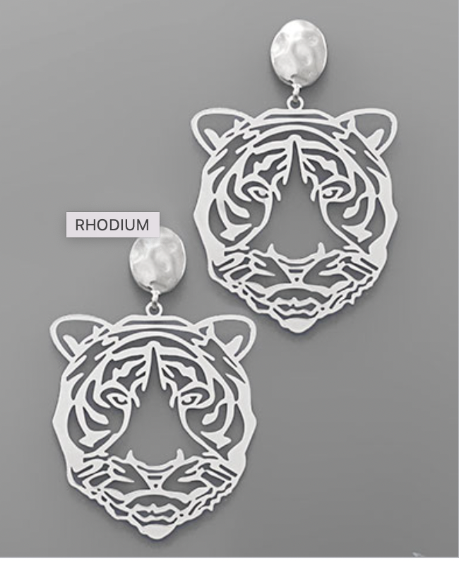 Tiger Face Filigree Earrings - Silver