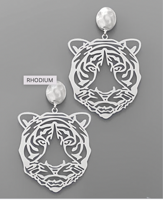 Tiger Face Filigree Earrings - Silver