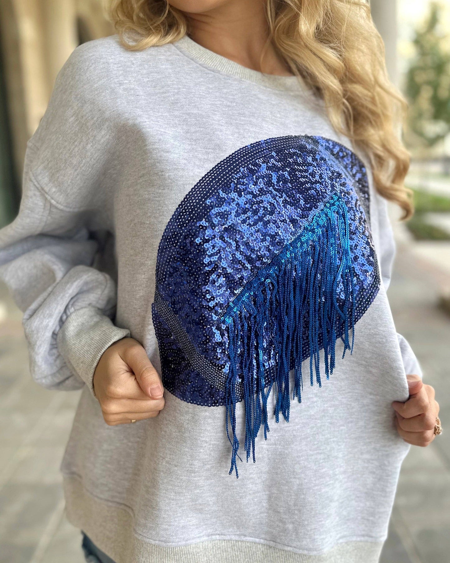 Blue & Gray Sequin Fringe Football Pullover