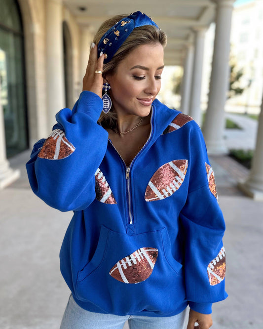 Sequin Football Half Zip - Blue