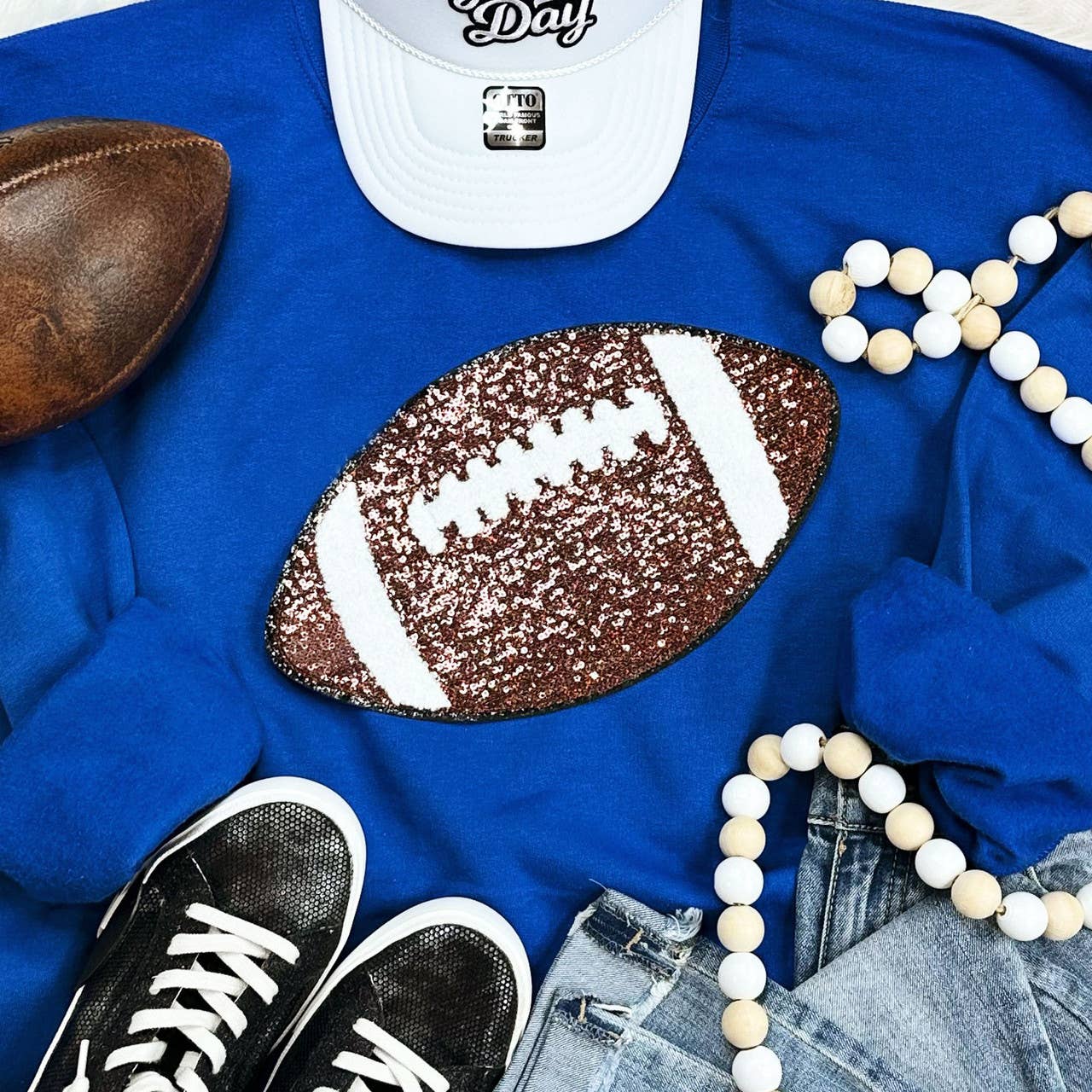 Sequin & Chenille Football Crewneck